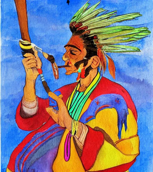 Prompt: Painting of a shaman dressed in a colorful traditional clothes. He is smoking a pipe. From the pipe there is a whole universe escaping and filing the sky