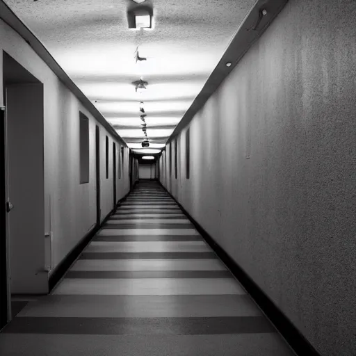 Prompt: a liminal space, very long narrow school corridor at night, lights on ceiling, ominous, dark, eerie