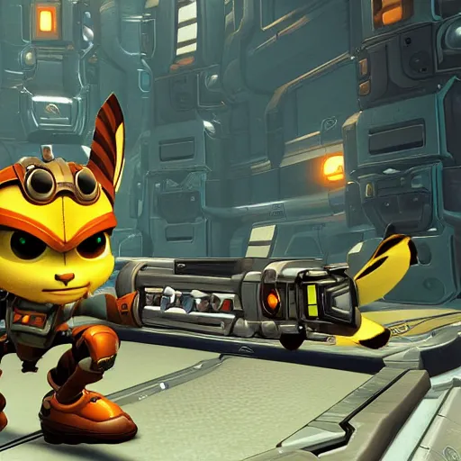 Prompt: ratchet and clank in the style of doom 1993