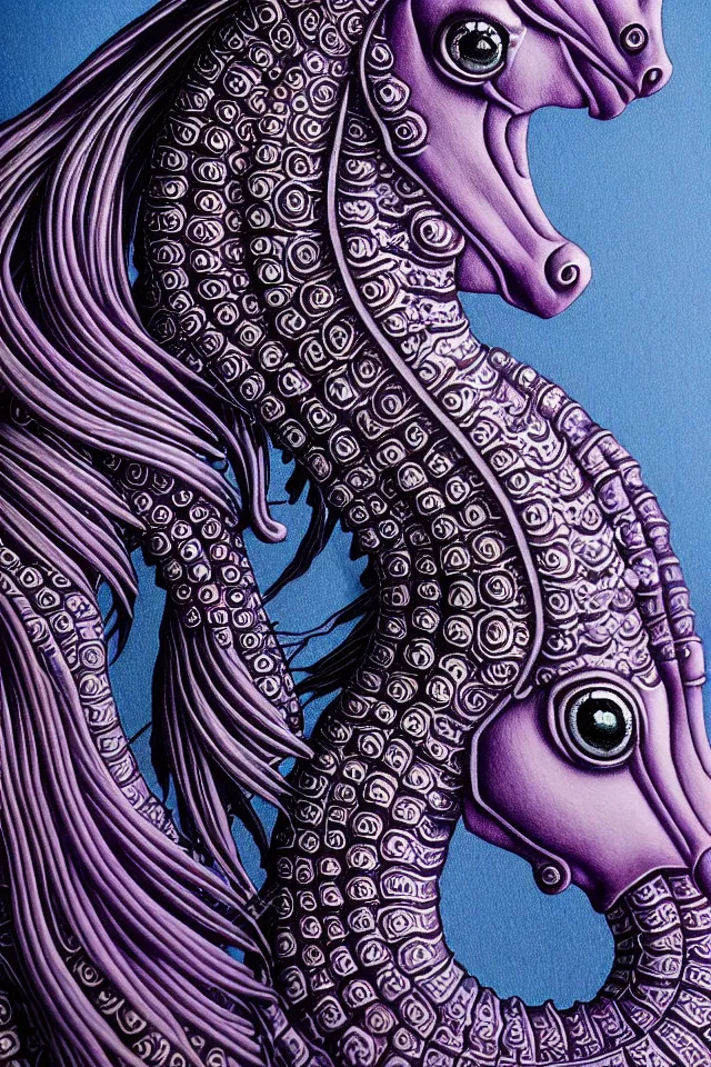 Prompt: a close - up portrait of a purple ornate seahorse statue, black paper, billions of details, beautiful intricate painting by kokaris