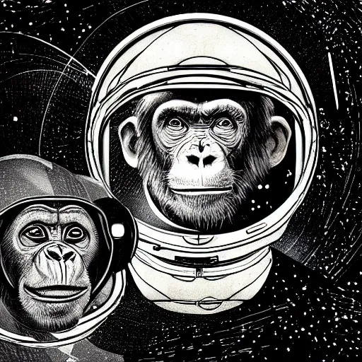 Image similar to double exposure portrait of astronaut and a chimpanzee astronaut with space and time in the the background by davinci, circles, psychedelic, pencil art, high definition, dynamic lighting stars, sharpness, golden ratio