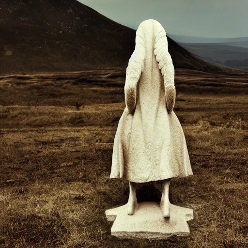 Image similar to Statue of a creepy sheep as an angel, photorealistic, film still, desolate