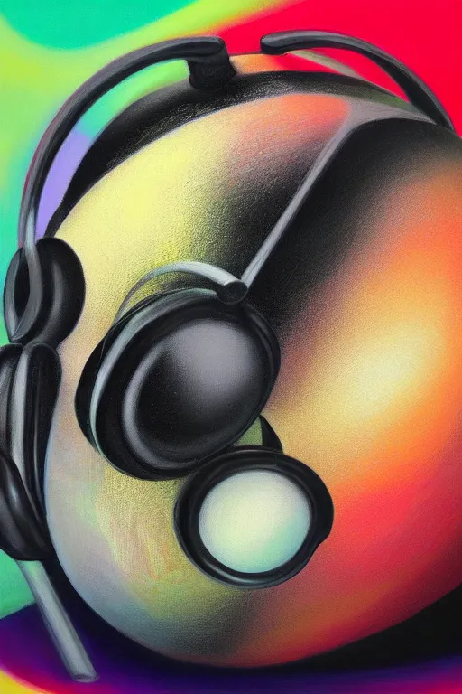 Image similar to hyperrealism surrealism acrylic painting, close - up portrait of bowling ball - with big headphones and a mime sweater, aerosol splashes on paper background, art by jeff soto