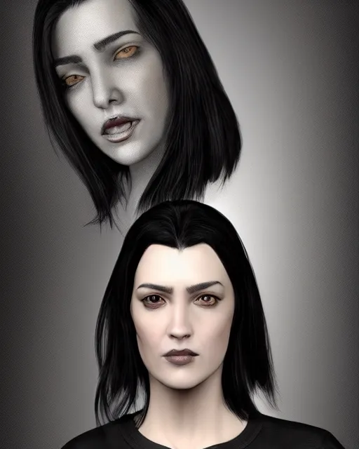 Image similar to portrait of a tall 4 0 - year - old woman with thin lips, heavy - lidded eyes, a strong jaw and long, thick shining black hair, thick eyebrows and long eyelashes, wearing in black clothes, hyper realistic face, beautiful eyes, character art, art by mark brooks, hyperdetailed, cryengine, trending on artstation, digital art