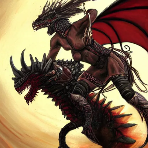 Prompt: a painting of a woman warrior riding a dirt bike in the middle of epic fantasy fight with a huge black dragon