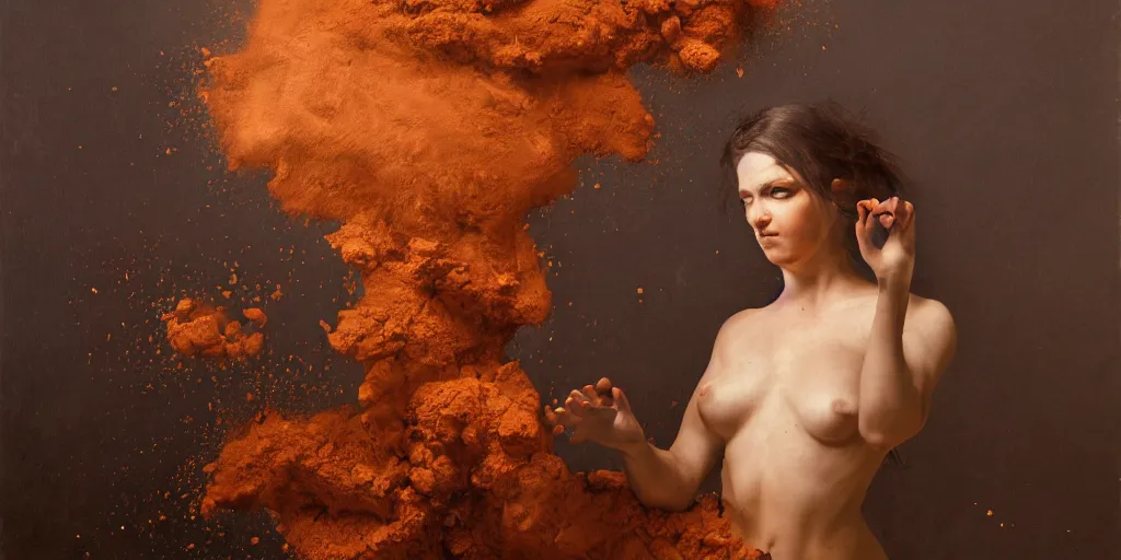 Image similar to highly detailed photography of a woman made of rust clay and fire, hand gesture, sharp focus, dust particles, dirt, dramatic scene, aesthetic, dynamic lighting, elegant, harmony, masterpiece, by roberto ferri, blue background, high quality, spatula