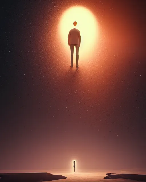 Prompt: a person standing in front of a glowy open door that's on a barren moon, poster art by mike winkelmann, trending on cg society, space art, sci - fi, ue 5, futuristic, volumetric lighting