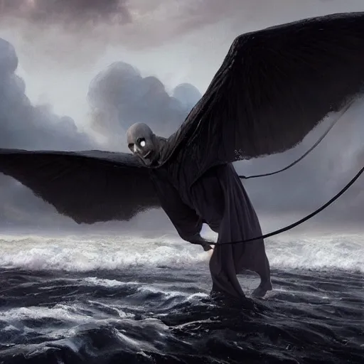 Image similar to voldemort, huge wings, scary weather, stormy, ocean, exudes terror ， island ， castle ， vine, spitfire, photography, hyperrealistic, by greg rutkowski, smooth, illustration, elegant, artstation, digital painting.