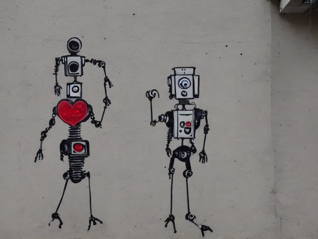 Prompt: Street art of a robot with a human brain, painted on wall, dripping paint, by Banksy