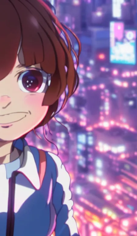 Image similar to anime fine details portrait of ochaco uraraka in front of cyberpunk moder city landscape on the background deep bokeh, close-up view, anime masterpiece by Studio Ghibli. 8k, sharp high quality anime, artstation