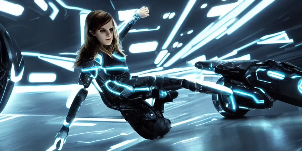 Image similar to emma watson in the movie tron legacy ( 2 0 1 0 ), cinematic, film still