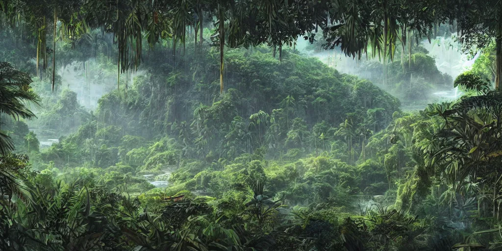 Prompt: view of a jungle planet with lush vegetation and rivers and a human colony, sci-fi, concept art, digital painting, still, highly detailed, intricate details, landscape