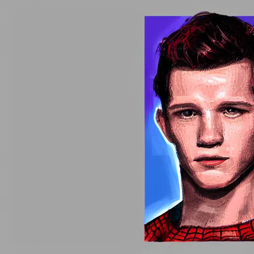 Image similar to portrait of tom holland's spider man, highly detailed, centered, solid color background, digital painting