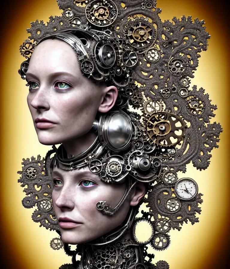 Prompt: highly detailed photo portrait of complex bio-mechanical beautiful young female stone cyborg with a Mandelbrot fractal steampunk metal fine lace face, retrofuturistic depressing hopeless horrific vibe, radiating dark energy aura, curled silver hair and a fine metal floral foliage super big lace collar by Alexander McQueen:: high fashion, haute couture, rococo, steampunk, silver filigree details, anatomical, facial muscles, cable wires, microchip, elegant, hyper realistic, 150 mm lens, soft rim light, octane render, unreal engine, volumetric lighting, 8k, muted reflective metallic coloring, sharp focus