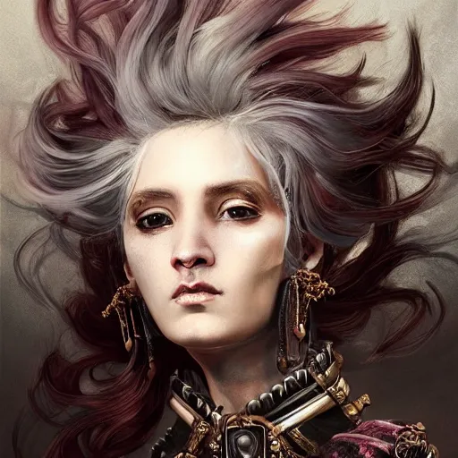 Image similar to portrait, headshot, insanely nice hair style, dramatic hair color, digital painting, of a old 17th century, old cyborg merchant, amber jewels, baroque, ornate clothing, scifi, realistic, hyperdetailed, chiaroscuro, concept art, art by Franz Hals and Jon Foster and Ayami Kojima and Amano and Karol Bak,