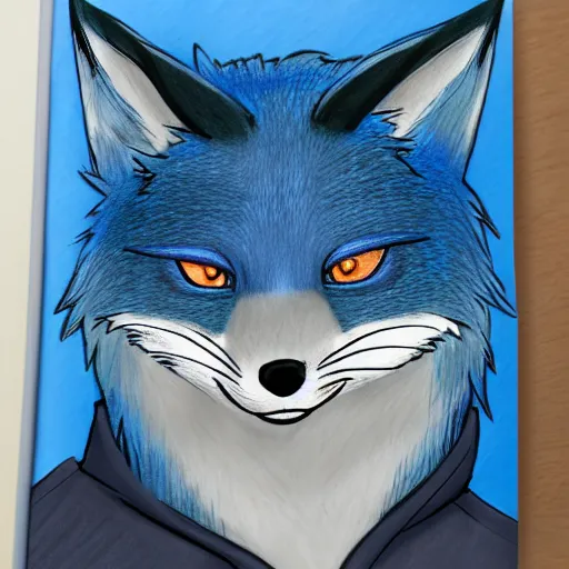 Prompt: high quality anime style colored pencil sketch portrait of an anthro furry fursona blue fox wearing a hoodie, handsome eyes, sketch doodles surrounding it, notebook sketch