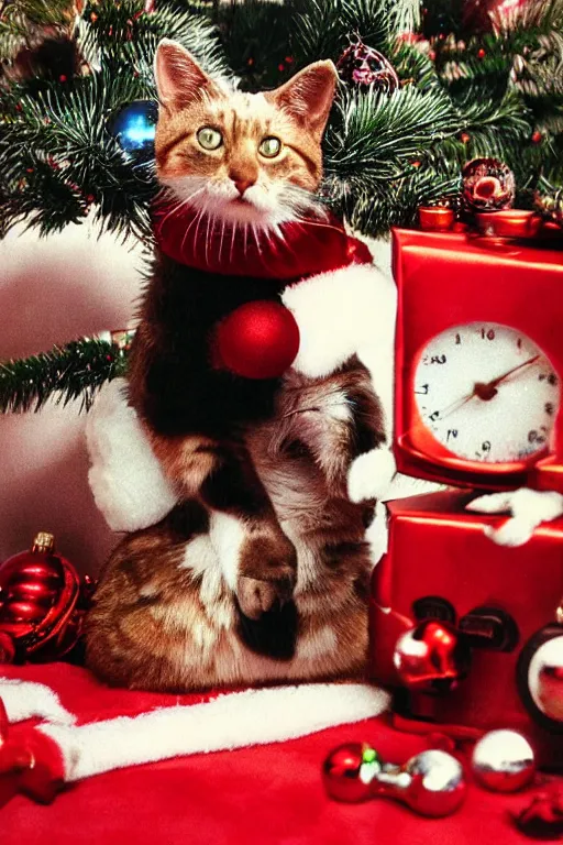 Image similar to retro photo cat in cute clothes on the background of a christmas tree with new year's toys, ussr, sovet ; kodak ektar, 2 0 0 iso, 3 5 mm lens, bill henson style beautiful chiaroscuro lighting, beautiful colour palette, beautiful and realistic, wide shot
