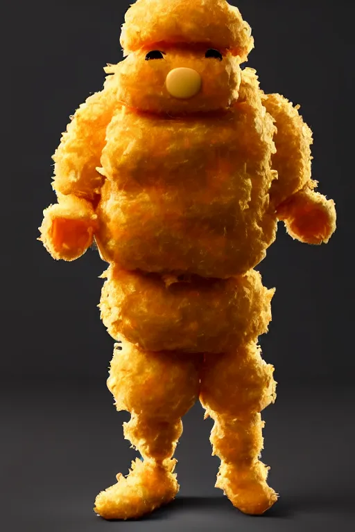 Image similar to channing tatum in a tater tot costume, tater tot face, ef 8 5 mm f 1. 8 usm, bionic scifi alexandre ferra, hyper detailed, digital art, trending in artstation, cinematic lighting, studio quality, smooth render, unreal engine 5 rendered, octane rendered