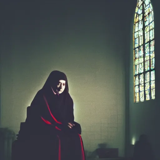 Image similar to Rosaria_(genshin_Impact) Sitting in a Church at night