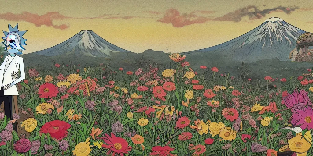 Image similar to Rick and morty in a Field of mixed flowers, Mount Fuji blurred in the background, good news on Sunday, HR Giger style , XIXth century painting with gold frame