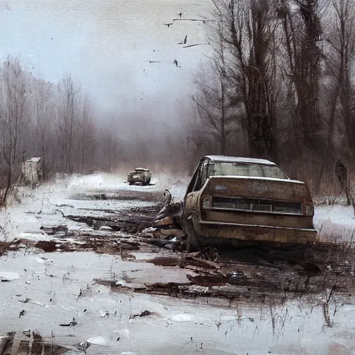 Prompt: painting by jakub rozalski of post abandoned soviet city