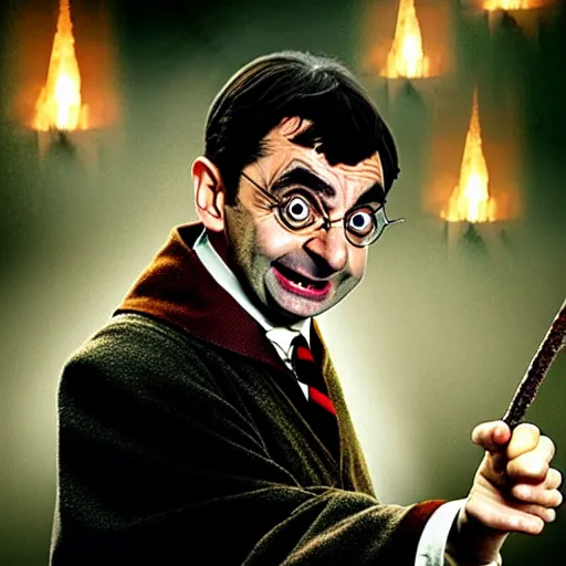 Prompt: mr. bean as harry potter. movie still. cinematic lighting.