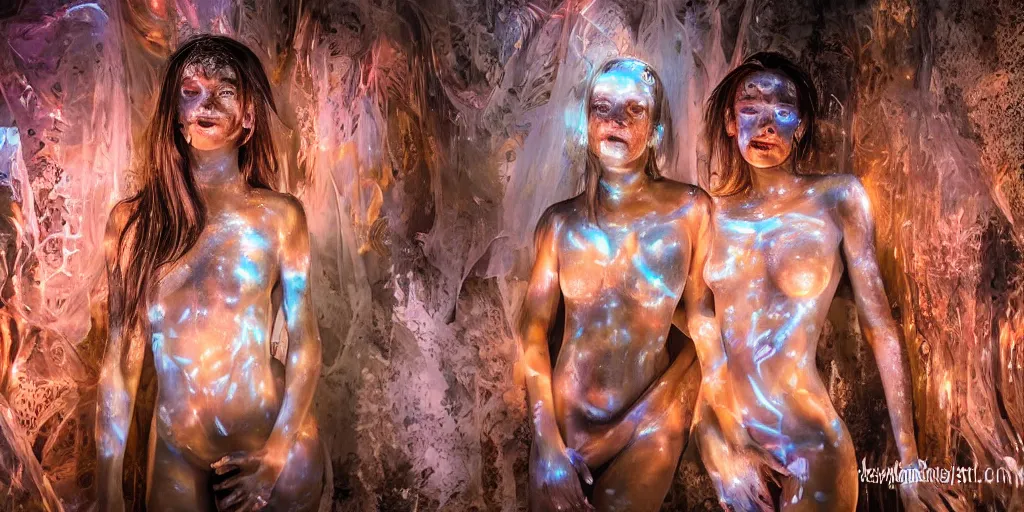 Prompt: love, translucent people with glowing body paint, rebirth, wide angle, cinematic atmosphere, elaborate, highly detailed, dramatic lighting