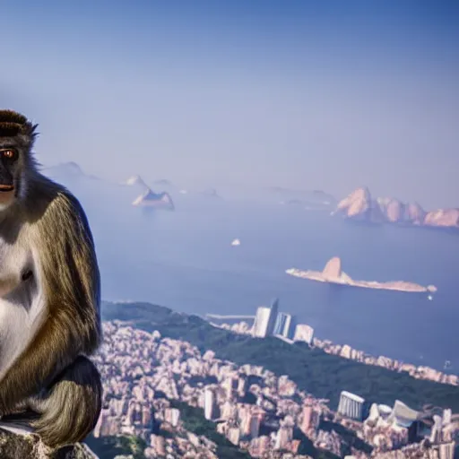 Image similar to high quality portrait of a monkey in front of Christ The Redeemer, studio photograph, photograph, realistic photo, 8k photo, 4k photo, stock photo, high resolution, cinematic shot, high detail