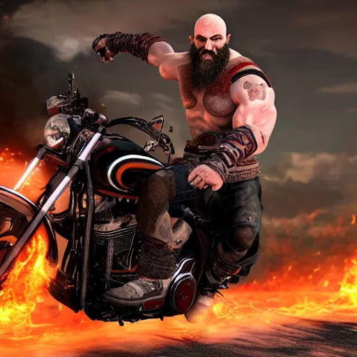 Image similar to kratos jumping a black harley - davidson motorcycle off a cliff, cinematic render, playstation studios official media, god of war 2 0 1 8, flames, centered profile