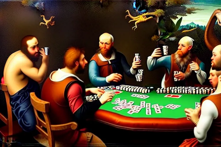 Prompt: velociraptors playing poker on a bar while drinking beer, in the style of a renaissance painting.