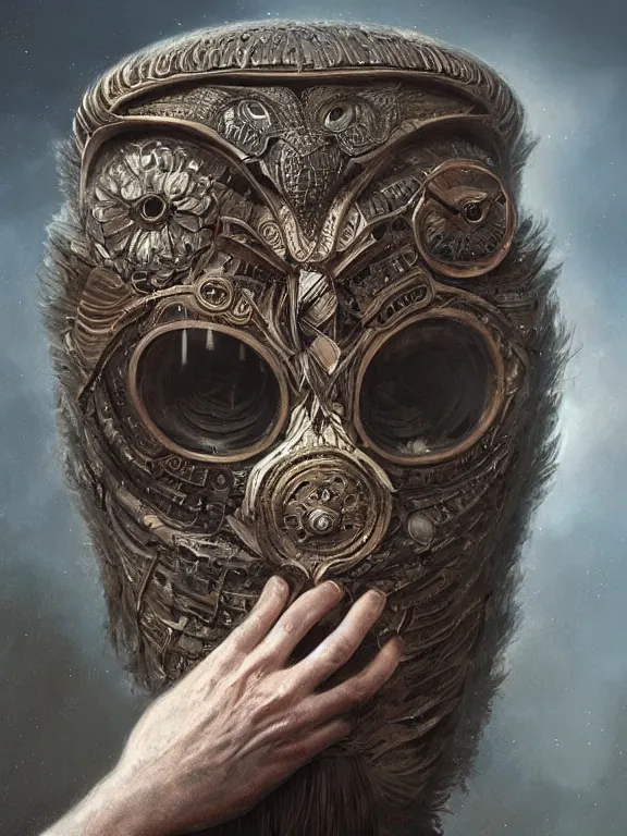 Image similar to a ultradetailed beautiful portrait of a strange human, hiding his face with an intricate wooden mask of an owl, high resolution 4 k, by tom bagshaw, greg rutkowski, charli bowater