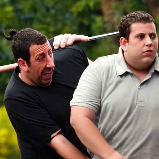 Prompt: adam sandler and jonah hill jousting