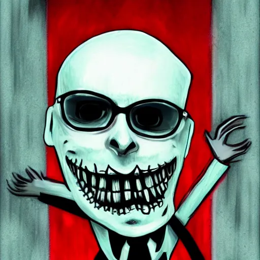 Image similar to grunge drawing of Klaus Schwab in the style of jack skellington and Jacob Shaw,creepy, surreal, trending on artstation, bold and vivid colour