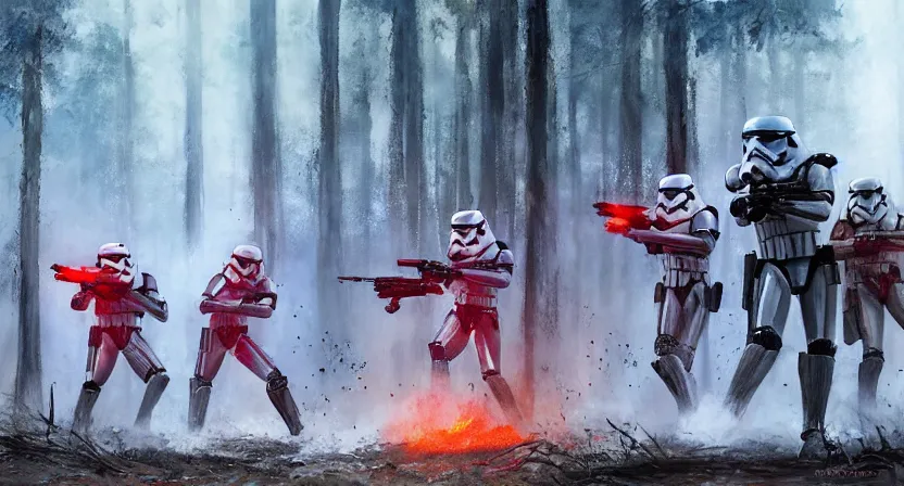 Image similar to imperial stormtroopers shooting red blaster bolts in barren lifeless forest with burned trees concept art by Doug Chiang cinematic, realistic painting, high definition,very detailed, extremely high detail, photo realistic, concept art, red color palette, the Mandalorian concept art style