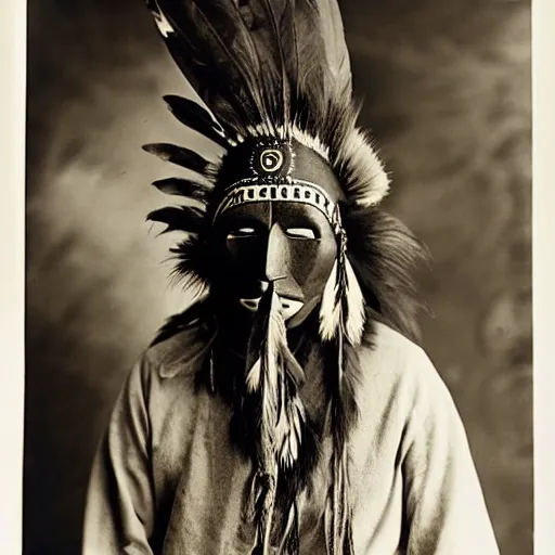 Prompt: vintage photo of a native american shaman mask by edward s curtis, photo journalism, photography, cinematic, national geographic photoshoot