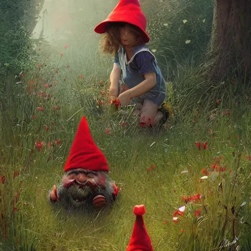 Prompt: a child looking through the bushes at highly populated garden gnome city, small red hat garden gnomes cutting tall grass down to make chairs, Greg Rutkowski, Moebius, Mohrbacher