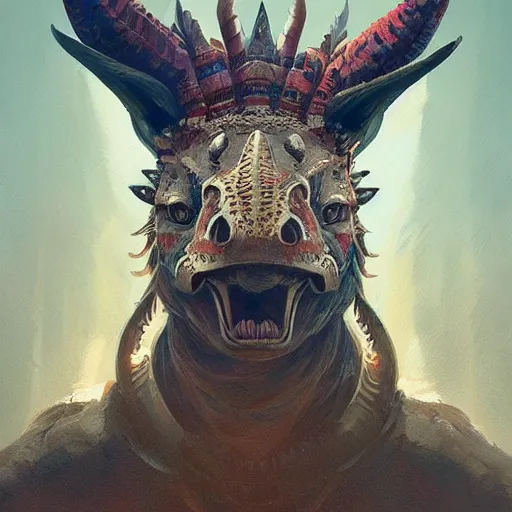 Image similar to triceratops with aztec headdress, greg rutkowski, digital illustration, concept art, dnd, face, fantasy, intricate, elegant, highly detailed, digital painting, artstation, full body, long shot, light from above