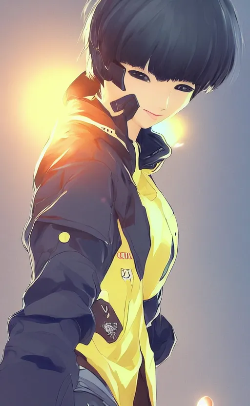 Prompt: character design, manga style, realistic lighting, realistic anatomy, solid colors, made by ilya kuvshinov, safebooru, from arknights, female beach volley player, elegant, futuristic yellow lens, sport clothing, simple background