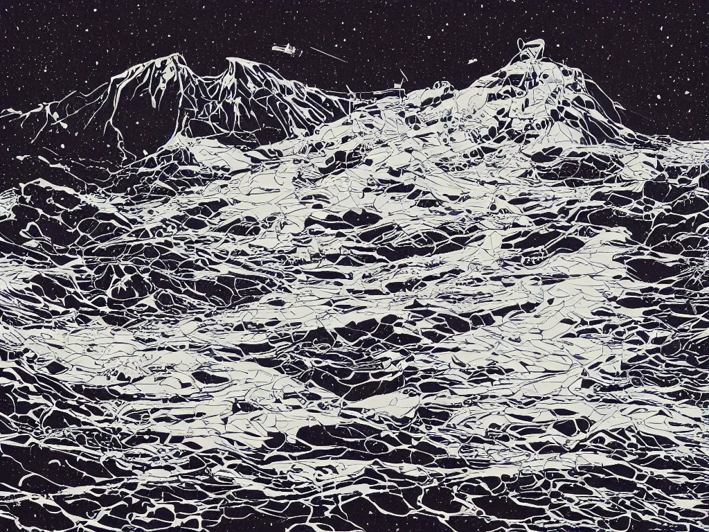 Image similar to a vast snow covered icy landscape disturbed by a spacecraft wreckage, spilling black oil and fluorescent liquid in the abyss, flat design, screen print by jeffrey smith and moebius