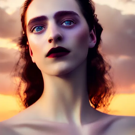 Image similar to photographic portrait of a stunningly beautiful renaissance female, white lips and dark eye shadow, in soft dreamy light at sunset, god rays, contemporary fashion shoot, by edward robert hughes, annie leibovitz and steve mccurry, david lazar, jimmy nelsson, breathtaking, 8 k resolution, extremely detailed, establishing shot, artistic, hyperrealistic, perfect face, octane render