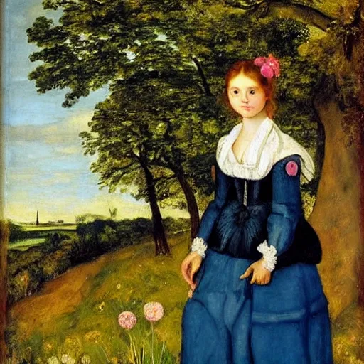 Prompt: by eugene delacroix, by lucas cranach the elder graceful. a conceptual art of a young girl with blonde hair, blue eyes, & a pink dress. she is standing in a meadow with flowers & trees.