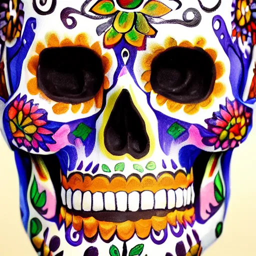 Image similar to a real - life human skull beautifully painted for dia de muertos as a sugar skull, 1 6 k resolution, ultra realistic, highly detailed, colorful, festive