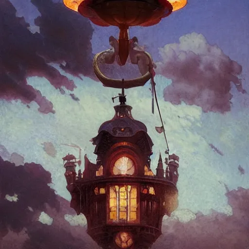 Prompt: a toilet flying in the sky, dramatic lighting, ceramic, photo realistic illustration by greg rutkowski, thomas kindkade, alphonse mucha, loish, norman rockwell.