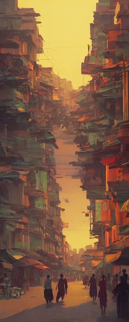 Prompt: Downtown Saigon, dramatic cinematic lighting, rich colors, golden age illustration, by Sylvain Sarrailh and Nicholas Roerich and Ludwig Deutsch and April Gornik