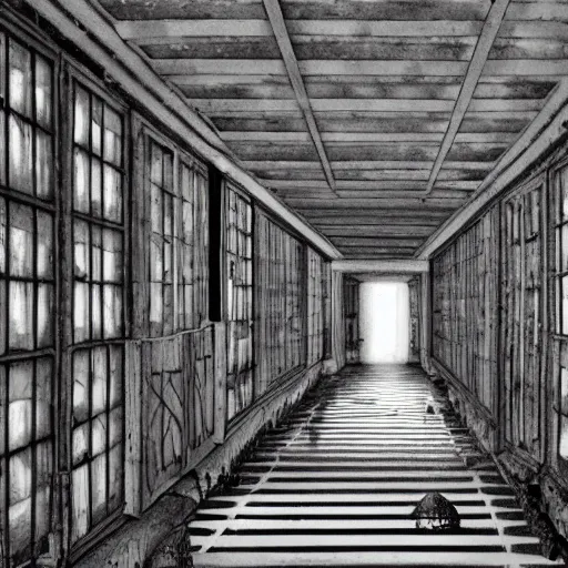 Image similar to a bright white hallway with many doors and stairs full of fungus and mushrooms and rot, Mc Escher architecture, epic composition, decay, anime key visual