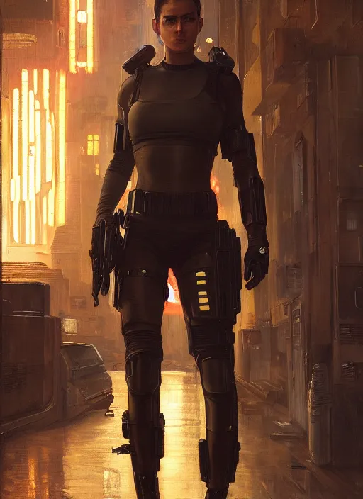 Image similar to 🤸🏿♀. cyberpunk police trooper in a military vest ( blade runner 2 0 4 9, cyberpunk 2 0 7 7 ). orientalist portrait by john william waterhouse and james gurney and theodore ralli and nasreddine dinet, oil on canvas. cinematic, hyper realism, realistic proportions, dramatic lighting, high detail 4 k