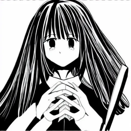 Prompt: “Detailed manga art of a beautiful Japanese girl holding a knife; loving expression; school uniform; high contrast; clean, sharp”