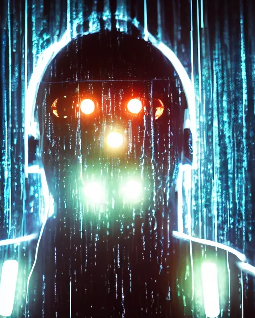 Image similar to photo of soulful female as a cyberpunk mecha humanoid robotic head and face parts with bright led lights, small light emitting cables over face, under a shower, wet skin with water dripping down face, ultra - realistic and detailed, long exposure 8 k