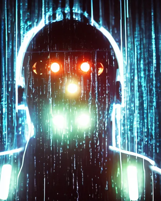 Prompt: photo of soulful female as a cyberpunk mecha humanoid robotic head and face parts with bright led lights, small light emitting cables over face, under a shower, wet skin with water dripping down face, ultra - realistic and detailed, long exposure 8 k