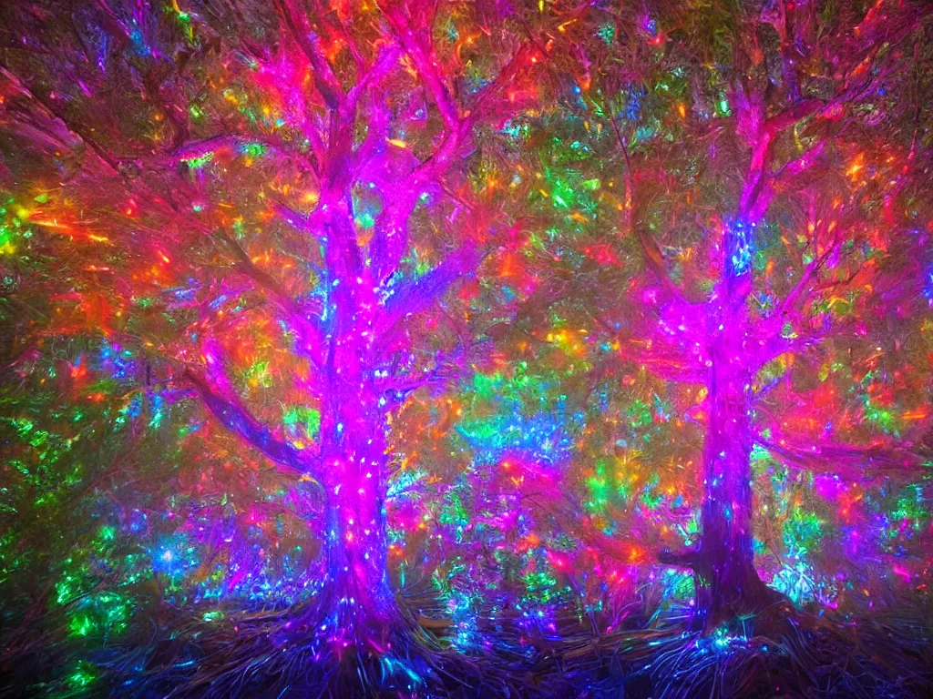 Image similar to A tree made out of brightly glowing feathers in an enchanted forest, trending on artstation